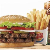 Double Whopper Combo · Our Double WHOPPER® Sandwich is a pairing of two ¼ lb* savory flame-grilled beef patties top...