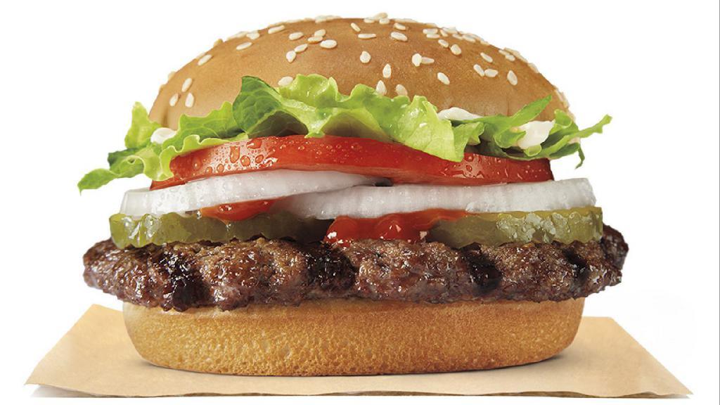 Whopper Jr · Our WHOPPER JR.® Sandwich features one savory flame-grilled beef patty topped with juicy tomatoes, fresh lettuce, creamy mayonnaise, ketchup, crunchy pickles, and sliced white onions on a soft sesame seed bun.