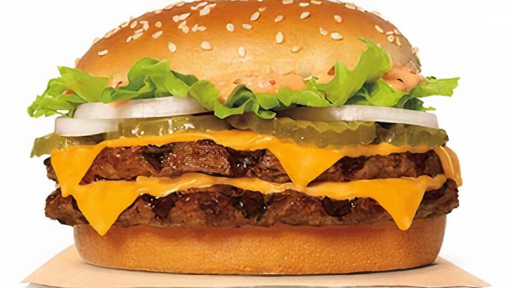 Big King Xl · Our Big King XL features two flame-grilled Whopper beef patties (a little over a 1/2 lb of beef before cooking), American cheese, sliced onion, pickles, lettuce, and special Stacker sauce on a toasted sesame seed bun.