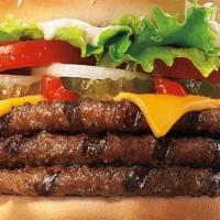 Triple Whopper With Bacon & Cheese · Our Bacon and Cheese TRIPLE WHOPPER® Sandwich is  3/4 lb.* of savory flame-grilled beef topp...