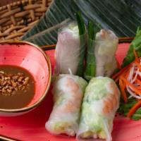 Fresh Spring Rolls · Steamed Shrimp And Pork Wrapped In Rice Paper With Vermicelli, Lettuce, Chives, And Bean Spr...