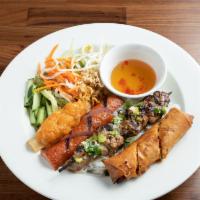 Saigon Special Vermicelli Bowl · Gluten free. Vermicelli noodles with fried egg rolls, fried shrimp on sugarcane, grilled por...