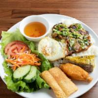 Saigon Special  And Rice · Rice With Charbroiled Marinated Pork Chop And Egg Quiche + Fried Shrimp Cake, Shrimp Paste W...