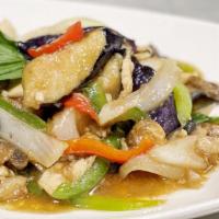 Stir Fried Eggplant · Purple eggplant with bell pepper, Thai basil in our tasty homemade sauce