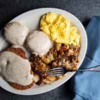 Country Breakfast · Chicken fried steak, two (2) biscuits topped with country gravy, and two scrambled eggs. Ser...