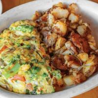 Veggie Omelet · Broccoli, onion, mushrooms, tomato, and scallions. Served with choice of home fries, fresh f...