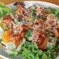 Alex'S Asian Chicken Salad · Sweet and spicy sliced chicken breast, mandarin oranges, green onions, crispy rice noodles, ...