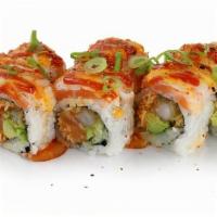Kickboxer Roll · Spicy. Salmon, surimi, sriracha, mayo, tempura shrimp, avocado, ebi, green onion, sriracha, ...