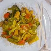 Curry Vegetables · Napa cabbage, broccoli, carrots, bamboo shoots, water chestnuts, mushrooms, baby corn and sn...