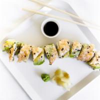 Tiger Roll · California roll with shrimp and avocado on top.