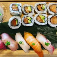 Combo B · Eight pcs salmon avocado roll, five pcs nigiri (chef’s choice) and side of small seaweed sal...