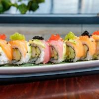 Gryffindor Roll · Shrimp tempura, avocado, spicy mayo and cucumber inside top with salmon, tuna and fish eggs....