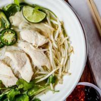 Chicken Pho · Chicken, Rice Noodle 

Served with Bean Sprout, 
Basil, Lime slice, Jalapeno