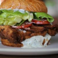 Chicken Bacon Ranch Platforms · Crispy chicken breast, thick cut bacon, house ranch, lettuce, sliced tomatoes, on ciabatta.