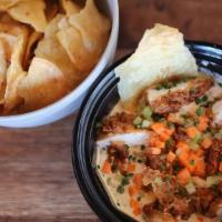 Buffalo Chicken Dip Platforms · Bleu cheese buffalo dip served cold and topped with crispy chicken bites, diced carrots and ...