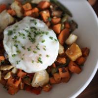 Seasonal Hash Platforms · Caramelized sweet potatoes, sautéed seasonal vegetables, oven roasted chicken, topped with a...