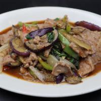 Eggplant Basil (Pad Makeua) (Delivery) · Eggplant, bell peppers, onion, garlic, chilies, and basil leaves all stir-fried together wit...