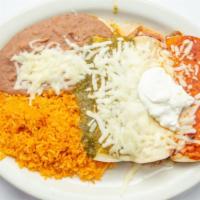 Enchiladas Mexicana · Chicken, Cheese or Beef
1 verde (Green)
 1 blanca (White)
 1 roja (Red)