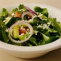 House Salad · Romaine, tomato, feta cheese, English cucumber, balsamic vinaigrette dressing, red onion, bl...