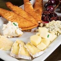 Cheese Platter · Assortment cheese of Gouda, Brie, Ricotta, Gorgonzola, Parmesan, fresh grapes, fried pita br...