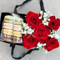 Red Roses + 8 Macarons · A classic arrangement with a modern touch! Fresh red roses and baby's breath flowers creativ...