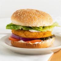 Crispy Chicken Sandwich · Breaded chicken breast, leaf lettuce, tomatoes, pickles. add any toppings you like.