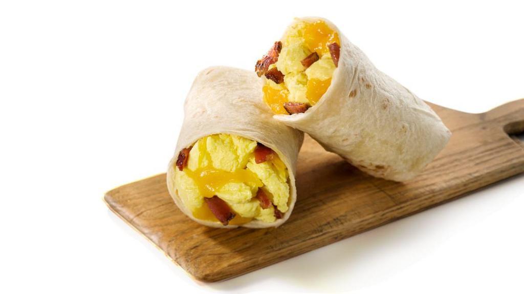 Sandwiches & Wraps|Bacon Egg Burrito · A burrito with egg, cheddar jack cheese and bacon, wrapped in a tortilla. 490 Calories