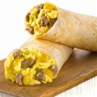 Sandwiches & Wraps|Sausage, Egg & Cheese Burrito · Fluffy scrambled eggs, sausage, and a blend of American, Monterey Jack, and Cheddar cheese w...