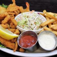 Captain'S Platter · Hand-battered and Panko-breaded cod, golden fried shrimp, and clam strips.  Served with fres...