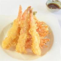 Shrimp And Vegetable Tempura · 3 Shrimp, kakeage and seasonal vegetables lightly battered and deep fried.