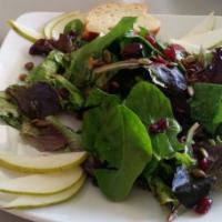 Organic Mixed Greens · House-made fig balsamic vinaigrette, brie, toasted pumpkin seeds, cranberries, pears, baguet...