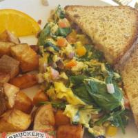 Veggies & Scrambled Eggs With House Potatoes & Toast · 
