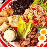 Lao Sample Platter · A taste of lao food all in one platter; papaya salad, sien savanh (heavenly lao jerky), lao ...