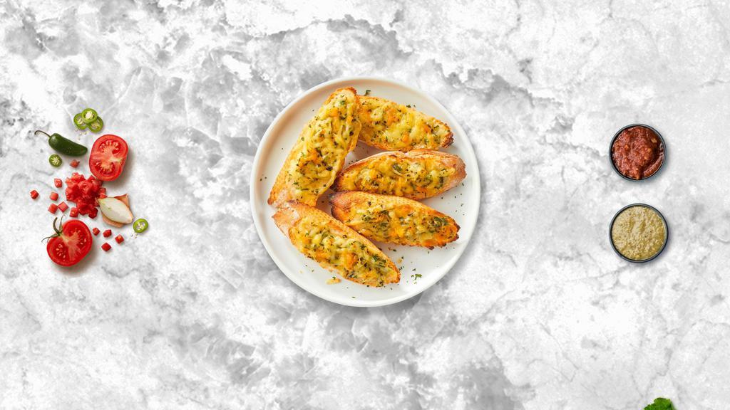Cheesy Mood Bread · Fresh gluten free garlic baguette topped with mozzarella and parmesan. Served with our home made marinara.