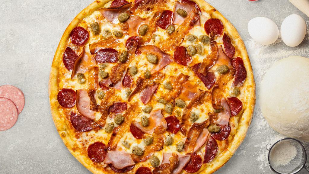 Big Meat Energy Pizza (12 In.) · Generous portions of pepperoni, Canadian bacon, Italian sausage, salami.
