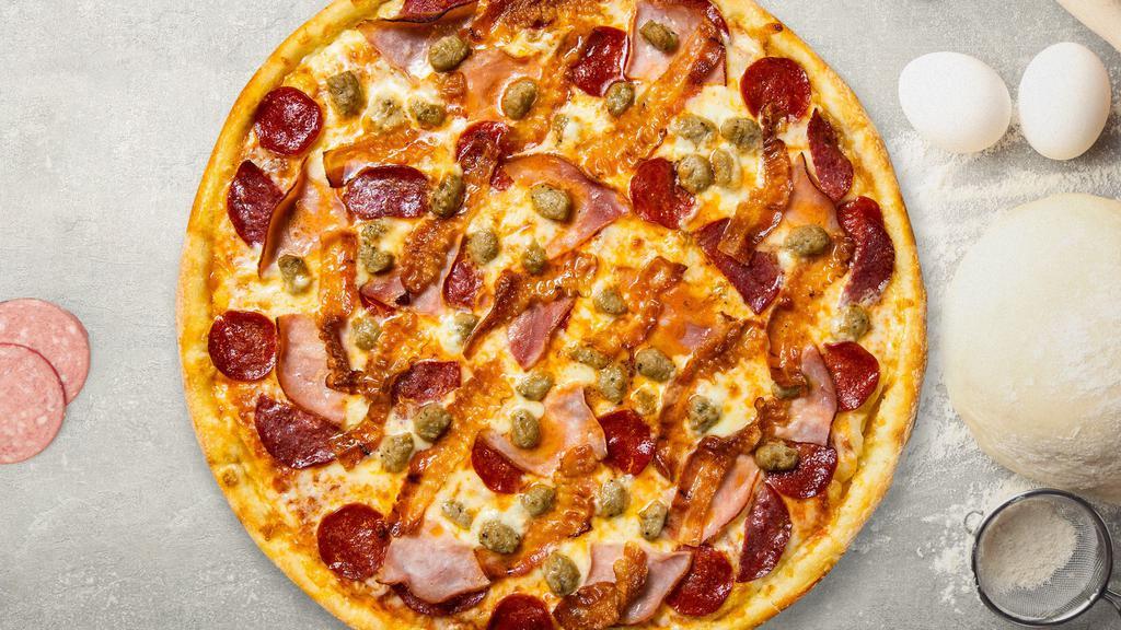 Big Meat Energy Pizza (14 In.)  · Generous portions of pepperoni, Canadian bacon, Italian sausage, salami.