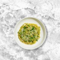Pitch A Pesto Pasta (Fettuccini) · Fettuccini pasta, chicken breast, zucchini, Kalamata olives, fresh garlic, and basil, tossed...