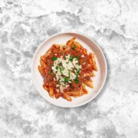 Spicy Sausage Pasta (Penne) · Penne pasta with homemade pork sausage, sauteed onions, a touch of chili flakes, in a tomato...