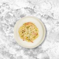 Creamy Seafood Pasta (Fettuccini) · Fettuccini with sautéed prawns, mushrooms, diced tomatoes, fresh basil, tossed in a light cr...