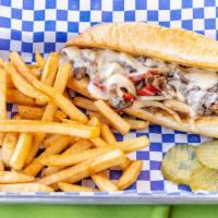 Philly Steak · Philly meat, mushrooms, onions, bell peppers, mayo with melted Swiss cheese on a grilled Fre...