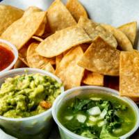 Chips Salsa Guac · Chips, Green and Red Salsa, Guac