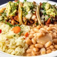 Tacos Tacos (3) · Carne Asada or Chicken with rice and beans.