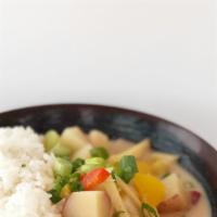 Spicy Steve Curry · spicy sirachi, with mix bell peppers, ginger, red potatoes.