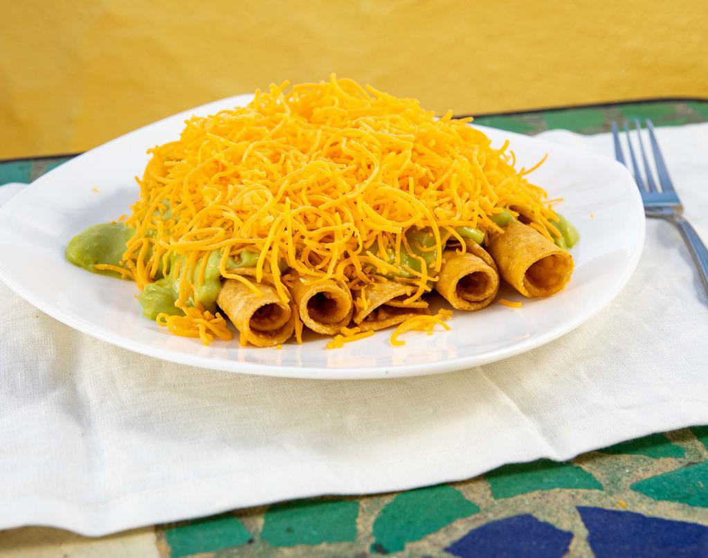 5 Rolled Tacos Cheese With Guacamole · Shredded beef rolled tacos topped with guacamole and cheese.
