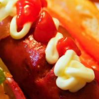 Super Cheesy Bacon Hot Dog · Beef hot dog with bell peppers, onions, cheese, and bacon.