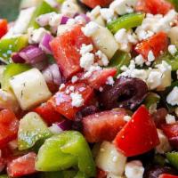 Greek Salad · Romaine lettuce, organic greens, kalamata olives, roma tomatoes, red onions, cucumbers, bell...