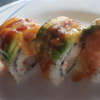 K2 Roll · Eight pieces. Crab salad, cucumber, and shrimp tempura with seared salmon and avocado on top...