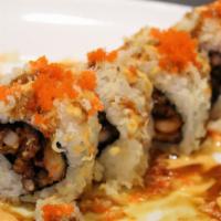 Calamari Roll · Eight pieces. Calamari with tempura batter, masago, and unagi sauce.