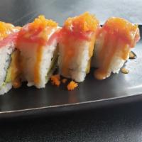 Rocky Roll · Eight pieces. Avocado and tuna on top with spicy mayonnaise, and masago.