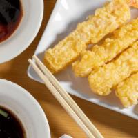 Crispy Shrimp Tempura (6) · Six pieces, fried shrimp tempura with house soy sauce.